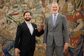 King Felipe VI receives the President of the Republic of Chile, Gabriel Boric
