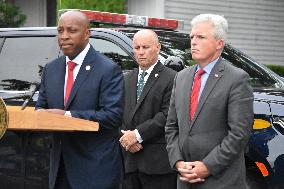 Press Conference As A Suspect Arrested In Gilgo Beach Serial Killings In Massapequa Park, Long Island, New York