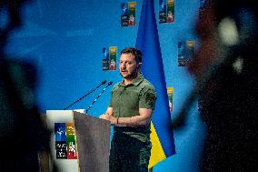 Volodymyr Zelenskiy, President of Ukraine, attends a press conference in the NATO Summit hosted in Vilnius, Lithuania.