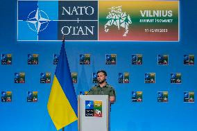 Volodymyr Zelenskiy, President of Ukraine, attends a press conference in the NATO Summit hosted in Vilnius, Lithuania.