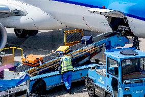 Loading baggage on an KLM Plane - Amsterdam