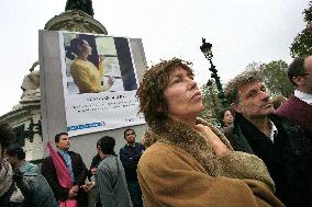 Aung San Suu Kyi's picture is hang up Place de la Republique in Paris