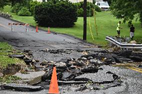 Severe Weather And Flooding Causes Road Buckling And Damage Throughout Warren County, New Jersey