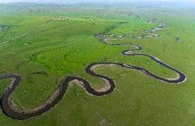 Winding Mogoler River on The Grassland in Hulunbuir