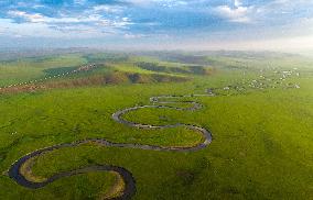 Winding Mogoler River on The Grassland in Hulunbuir