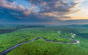 Winding Mogoler River on The Grassland in Hulunbuir