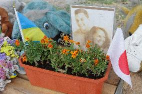 Flowers planted outside residential building bombed by Russians and murals created on walls of surviving blocks In Dnipro