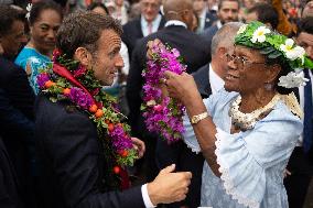 President Macron Delivers A Speech At Place Des Cocotiers - Noumea