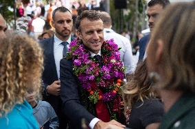 President Macron Delivers A Speech At Place Des Cocotiers - Noumea