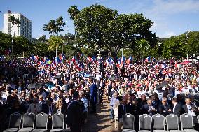 President Macron Delivers A Speech At Place Des Cocotiers - Noumea