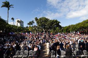 President Macron Delivers A Speech At Place Des Cocotiers - Noumea