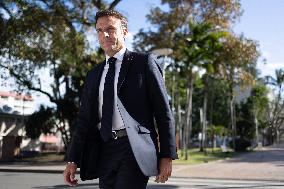 President Macron Delivers A Speech At Place Des Cocotiers - Noumea
