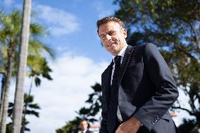 President Macron Delivers A Speech At Place Des Cocotiers - Noumea