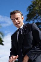 President Macron Delivers A Speech At Place Des Cocotiers - Noumea