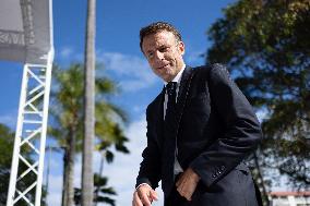 President Macron Delivers A Speech At Place Des Cocotiers - Noumea