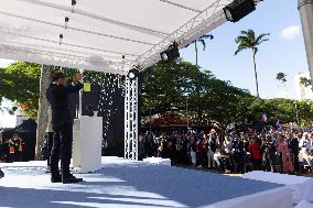 President Macron Delivers A Speech At Place Des Cocotiers - Noumea