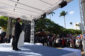 President Macron Delivers A Speech At Place Des Cocotiers - Noumea