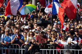 President Macron Delivers A Speech At Place Des Cocotiers - Noumea