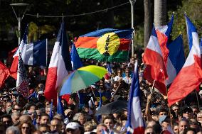 President Macron Delivers A Speech At Place Des Cocotiers - Noumea