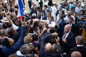 President Macron Delivers A Speech At Place Des Cocotiers - Noumea