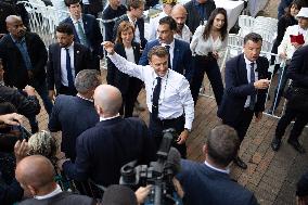 President Macron Delivers A Speech At Place Des Cocotiers - Noumea