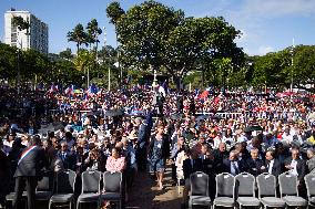 President Macron Delivers A Speech At Place Des Cocotiers - Noumea