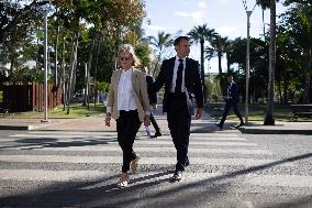President Macron Delivers A Speech At Place Des Cocotiers - Noumea
