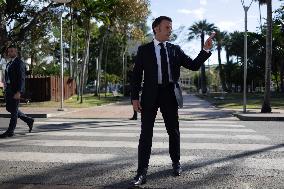 President Macron Delivers A Speech At Place Des Cocotiers - Noumea