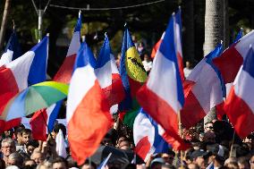 President Macron Delivers A Speech At Place Des Cocotiers - Noumea