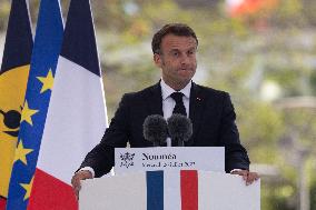 President Macron Delivers A Speech At Place Des Cocotiers - Noumea