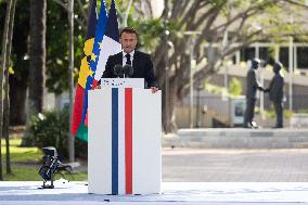 President Macron Delivers A Speech At Place Des Cocotiers - Noumea