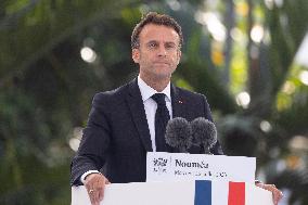 President Macron Delivers A Speech At Place Des Cocotiers - Noumea