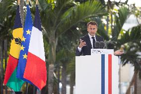 President Macron Delivers A Speech At Place Des Cocotiers - Noumea