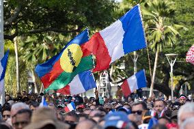 President Macron Delivers A Speech At Place Des Cocotiers - Noumea
