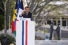President Macron Delivers A Speech At Place Des Cocotiers - Noumea