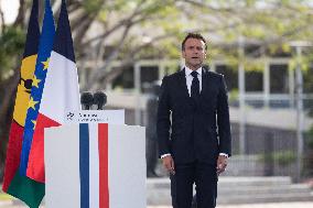 President Macron Delivers A Speech At Place Des Cocotiers - Noumea