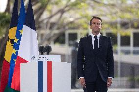 President Macron Delivers A Speech At Place Des Cocotiers - Noumea