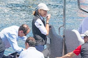 King Juan Carlos And Infanta Elena arrive at the port of Sanxenxo