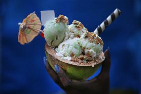 Coconut Ice Cream Served In A Coconut