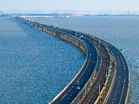 The Shijiu Lake Bridge Winds Across The Lake in Nanjing, China