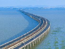 The Shijiu Lake Bridge Winds Across The Lake in Nanjing, China