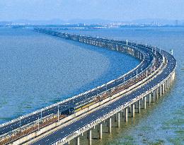 The Shijiu Lake Bridge Winds Across The Lake in Nanjing, China