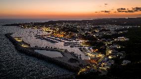 Drone View of the Lighthouse at Santa Maria di Leuca at Sunset