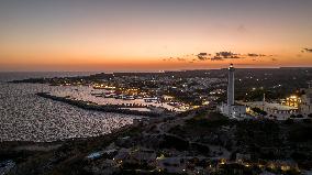 Drone View of the Lighthouse at Santa Maria di Leuca at Sunset