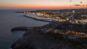 Drone View of the Lighthouse at Santa Maria di Leuca at Sunset