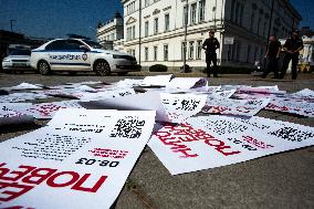 Posters With The Words "Not One More" In Front Of The National Assembly Building In Sofia.