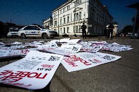 Posters With The Words "Not One More" In Front Of The National Assembly Building In Sofia.