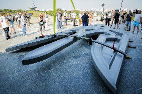 Raising The Coat Of Arms Of Ukraine "Trident" On The Motherland-Mother Sculpture In Kyiv