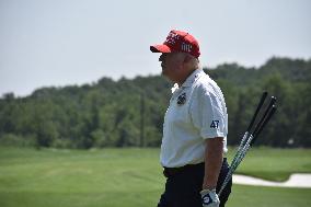 Former President Of The United States Donald J. Trump At LIV Golf Bedminster 2023 Driving Range