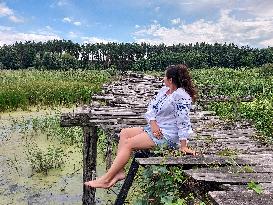 Wooden pedestrian bridge in Kaplyntsi village